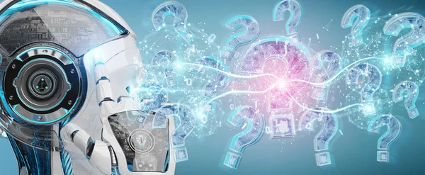 Cyborg bulanık arka plan dijital soru işaretleri 3d render ile sorun çözme