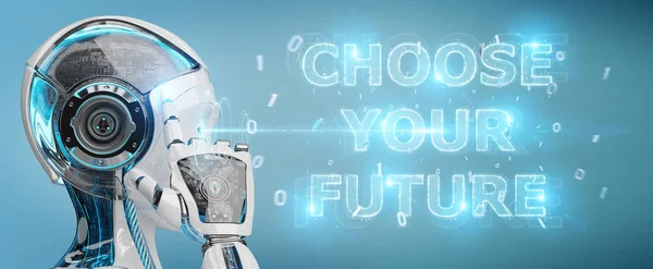White Cyborg Woman Blurred Background Using Future Decision Text Interface — Stock Photo, Image