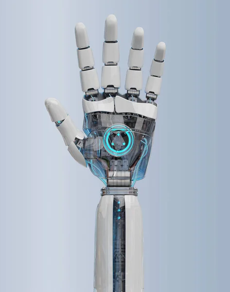 Cyborg Bianco Che Apre Mano Isolato Sfondo Grigio Rendering — Foto Stock