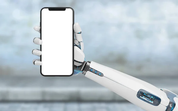 Branco Robô Mão Segurando Moderno Smartphone Mockup Rua Fundo Renderização — Fotografia de Stock