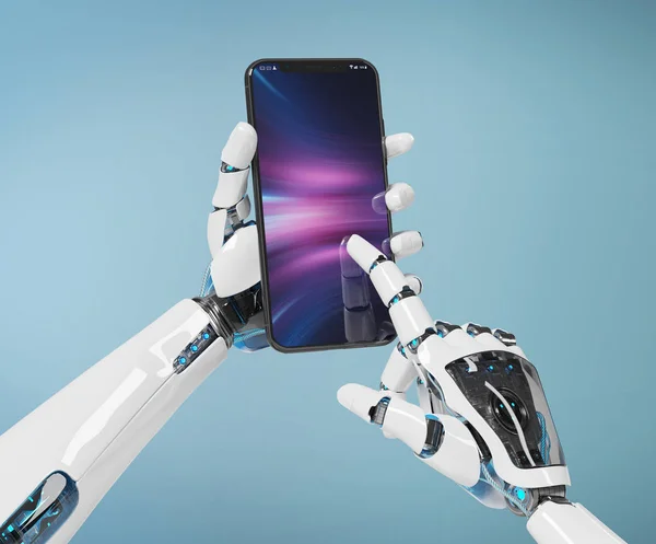 Dłoń Biały Robot Gospodarstwa Nowoczesne Smartphony Makieta Niebieskim Tle Renderowania — Zdjęcie stockowe