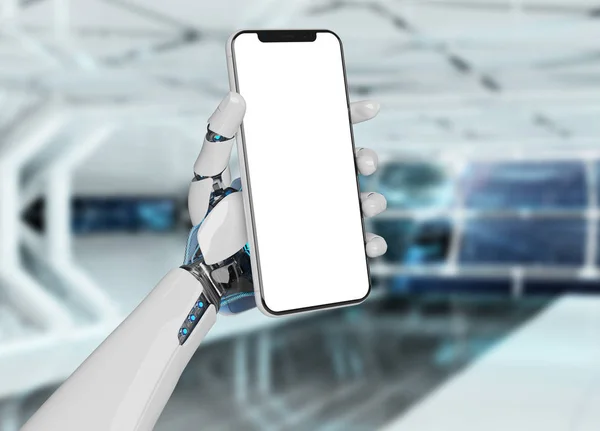 White robot hand holding modern smartphone mockup on tech background 3d rendering