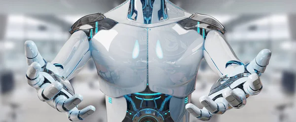 Bílé Mužské Cyborg Otevření Jeho Dvě Ruce Kosmickou Loď Pozadí — Stock fotografie