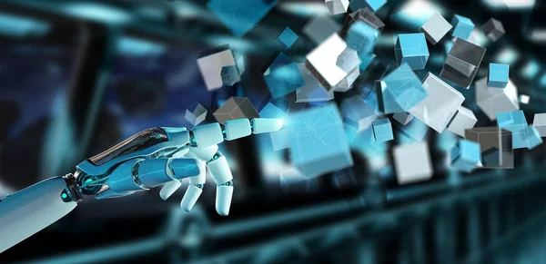 White Cyborg Hand Blurred Background Using Blue Digital Cube Structure — Stock Photo, Image