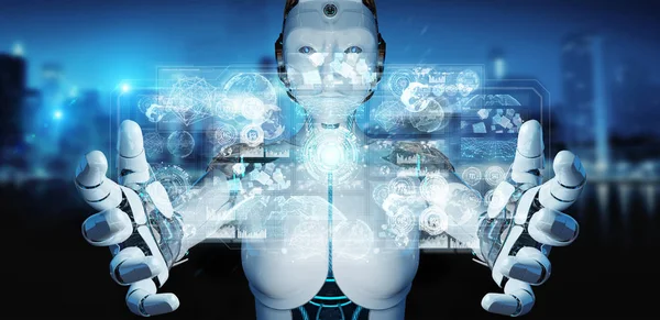 Weiße Frau Cyborg Auf Verschwommenem Hintergrund Mit Digitaler Datenschnittstelle Rendering — Stockfoto