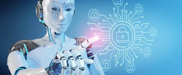 Witte Robot Onscherpe Achtergrond Hacken Toegang Tot Privé Cyber Datas — Stockfoto