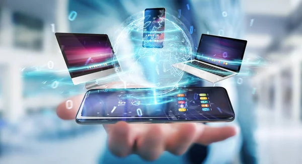 Modern Devices Connected Each Other Businessman Hand Rendering — Stock Photo, Image