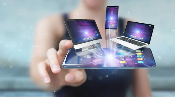 Modern Devices Connected Each Other Businesswoman Hand Rendering — Stock Photo, Image