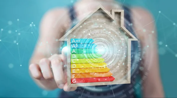 Empresaria Sobre Fondo Borroso Usando Gráfico Calificación Energía Renderizado Una —  Fotos de Stock