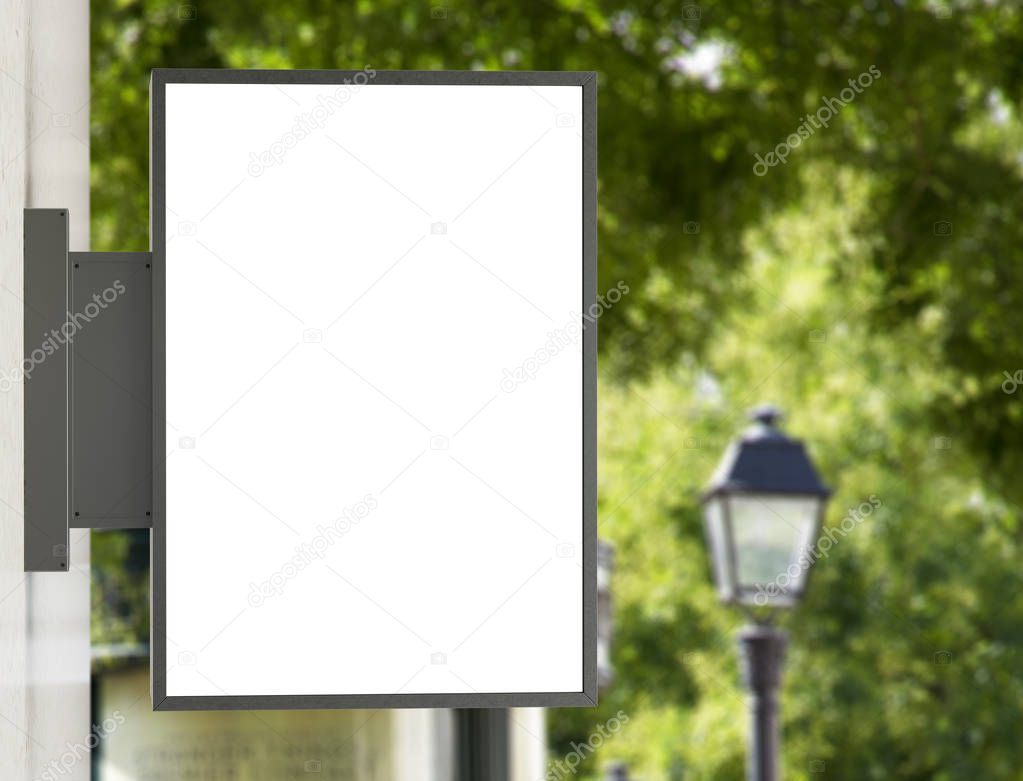 Store sign mockup on a building in natural city 3D rendering