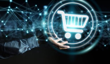 İşadamı ile bağlantıları 3d render dijital alışveriş simgeleri kullanarak arka plan bulanık üzerinde