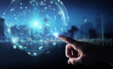 İşadamı hologramlar veriler dijital küre 3B oluşturmayı kullanarak arka plan bulanık üzerinde