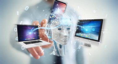 İşadamı üzerinde beyaz insanımsı modern cihazlarla 3d render kontrol kullanarak arka plan bulanık