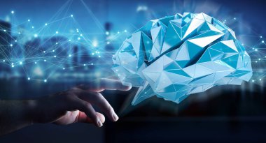 Hücre ve neurons aktivitesiyle 3d render dijital röntgen insan beyni arabirimini kullanarak iş adamı