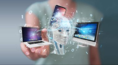 İşkadını üzerinde beyaz insanımsı modern cihazlarla 3d render kontrol kullanarak arka plan bulanık