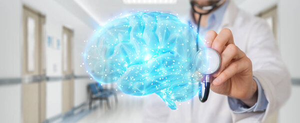 Doctor on blurred background using digital brain scan hologram 3D rendering