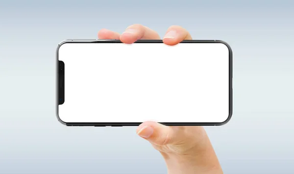 Kvinnan Handen Håller Modern Smatphone Mockup Grå Bakgrund — Stockfoto