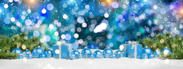 Голубые Рождественские Подарки Безделушки Выстроились Голубом Фоне Рендеринга — стоковое фото