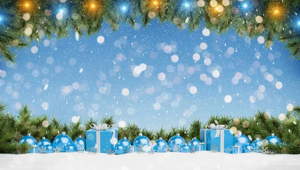 Regalos Adornos Azules Navidad Alineados Representación Fondo Azul —  Fotos de Stock