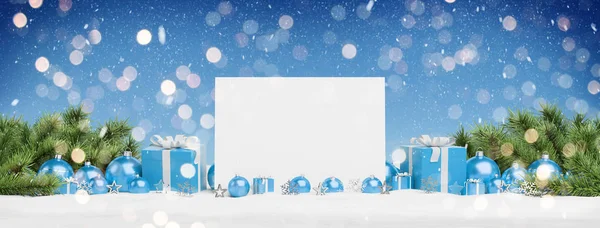 Чистая Рождественская Открытка Голубых Безделушках Подарок Голубом Фоне Рендеринг — стоковое фото