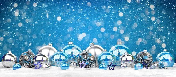 Голубые Серебряные Рождественские Безделушки Голубом Фоне Рендеринг — стоковое фото