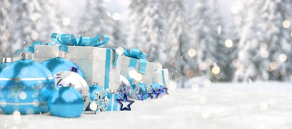 Regalos Azules Navidad Adornos Alineados Sobre Fondo Nevado Renderizado —  Fotos de Stock