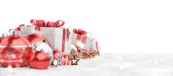 Regalos Rojos Navidad Adornos Alineados Sobre Fondo Blanco Renderizado —  Fotos de Stock