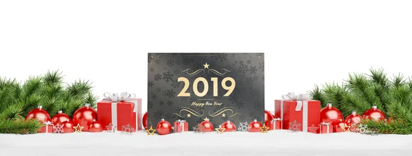 2019 Felicitaciones Tarjeta Que Pone Bolas Rojas Regalo Sobre Fondo — Foto de Stock