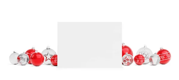 Blank Christmas Card Laying Red Baubles Isolated White Background Rendering — Stock Photo, Image