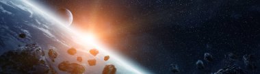 Uçan Asteroitler ile Dünya gezegeninin panoramik görünümü kapat Nasa tarafından döşenmiş bu görüntü alanı 3d render elemanları