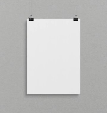 Beton duvar klipleri mockup önünde asılı boş beyaz poster