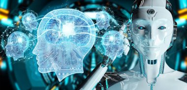 Cyborg bulanık arka planda yapay zeka 3d render oluşturma