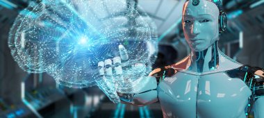 Yapay zeka 3d render oluşturma bulanık arka plan üzerinde beyaz adam insanımsı