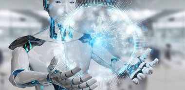 Arka plan bulanık kullanma beyaz insanımsı küre ağ hologram harita 3d render Avrupa ile