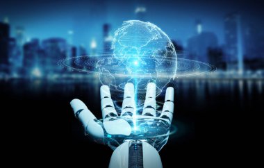 Dünya ağ hologram Amerika ABD harita 3d render ile kullanarak arka plan bulanık beyaz robot el