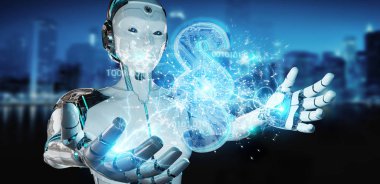 Cyborg Yargıç 3d işleme dijital paragraf hukuk simgesini kullanarak arka plan bulanık üzerinde