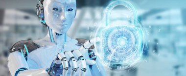 Arka plan bulanık 3d render robot tarafından kullanılan web güvenlik koruma arayüzü