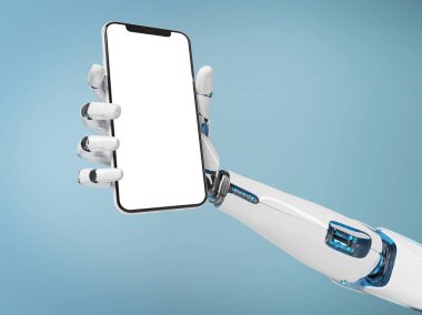 Modern smartphone mockup tutan 3d render mavi zemin üzerine beyaz robot el