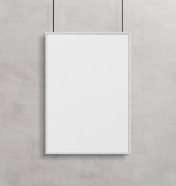 Bir duvar mockup 3d render önünde asılı beyaz bir çerçeve