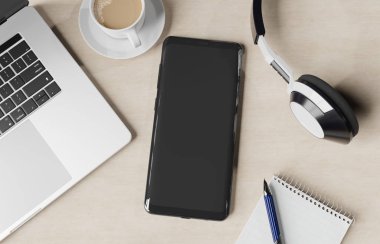 Modern smartphone ahşap masaüstü mockup 3d render döşeme