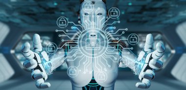 Kesmek ve özel siber veriler erişme bulanık arka plan üzerinde beyaz robot