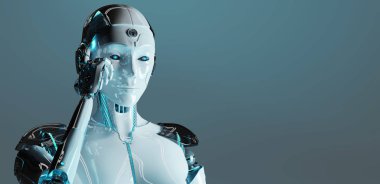 Düşünme ve beyaz arka plan üzerinde 3d render izole kafasını dokunmadan beyaz kadın cyborg