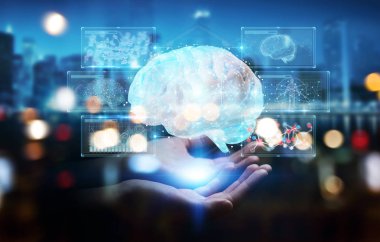 İşkadını Dijital 3d projeksiyon insan beyninin 3B oluşturmayı kullanarak arka plan bulanık üzerinde