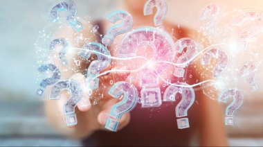 İşkadını bulanık arka plan dijital soru işaretleri 3d render ile sorun çözme