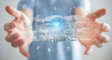 Max, bir motorun tel kafes sanal 3d dijital projeksiyon kullanarak arka plan bulanık üzerinde işadamı