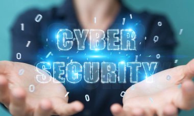 İşkadını siber güvenlik metin hologram 3B oluşturmayı kullanarak arka plan bulanık üzerinde