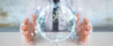 İşadamı üzerinde küre ağ hologram Avrupa ile harita 3B oluşturmayı kullanarak arka plan bulanık