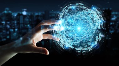 İşkadını dijital üçgen küre hologram 3d render patlayan kullanarak arka plan bulanık üzerinde