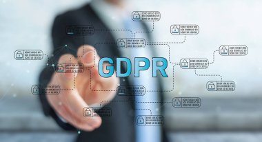 Onun veri Gdpr hukuk arabirimi ile koruma arka plan bulanık üzerinde işadamı