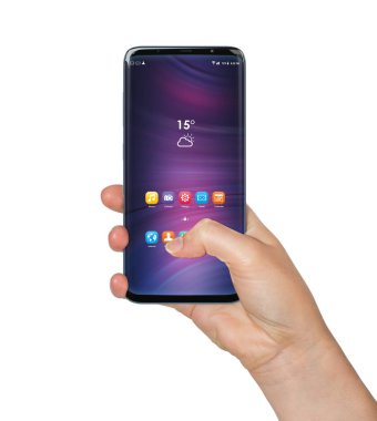 Modern smartphone 3d render beyaz arka plan üzerinde tutan izole kadın el